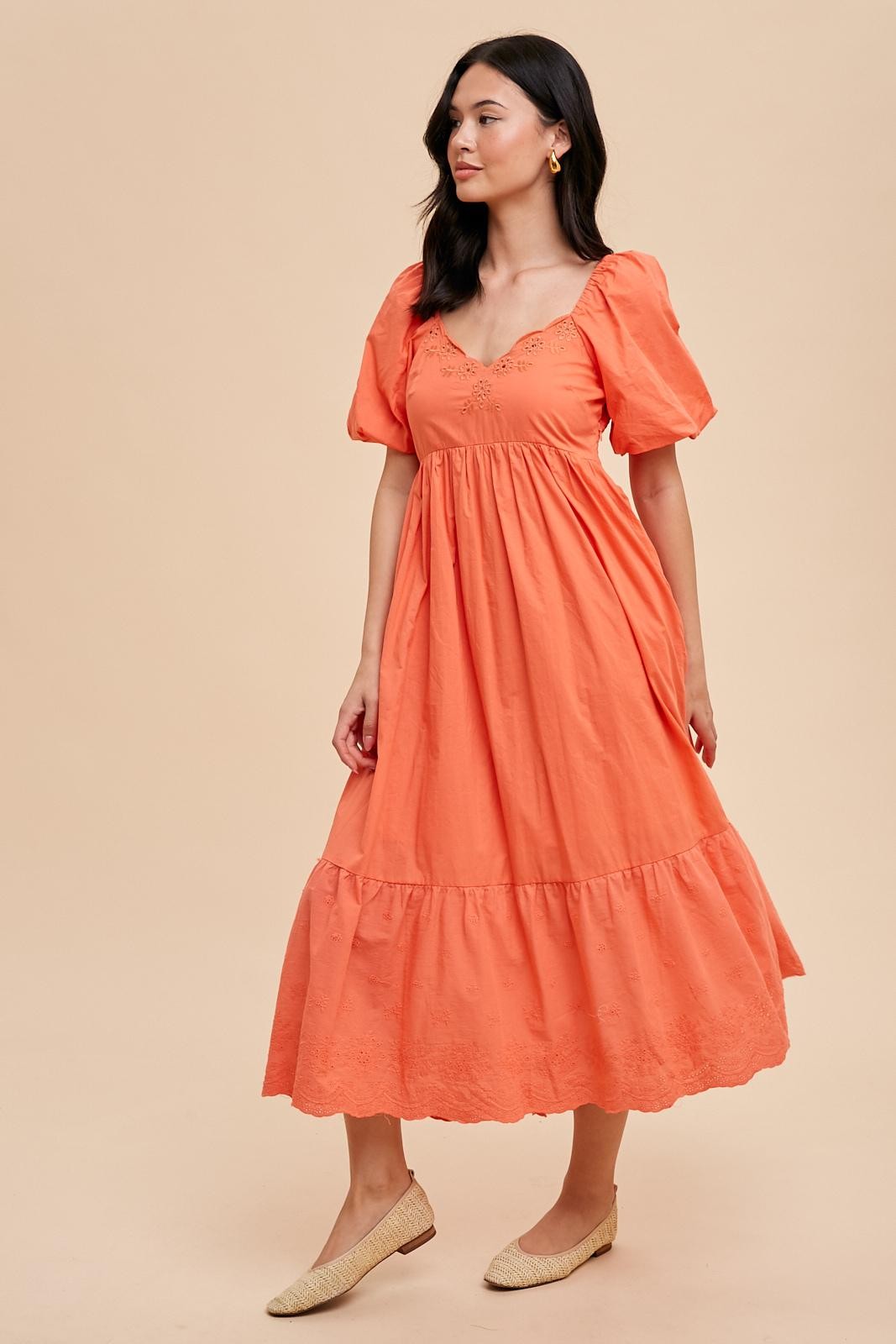 Coral Eyelet Scalloped V-Neck Short Puff Sleeve Midi Dress