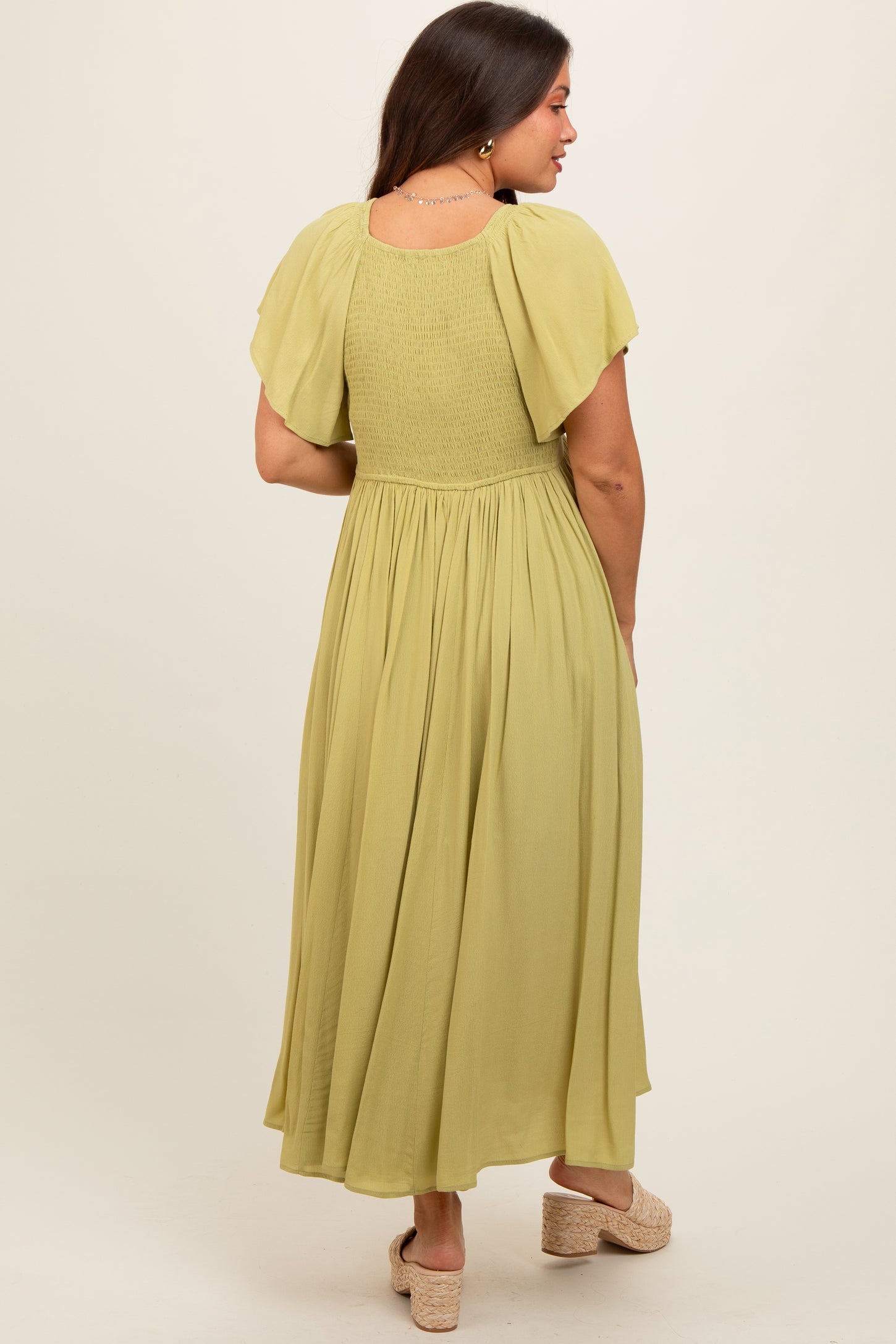 Light Olive V-Neck Flutter Short Sleeve Maternity Midi Dress