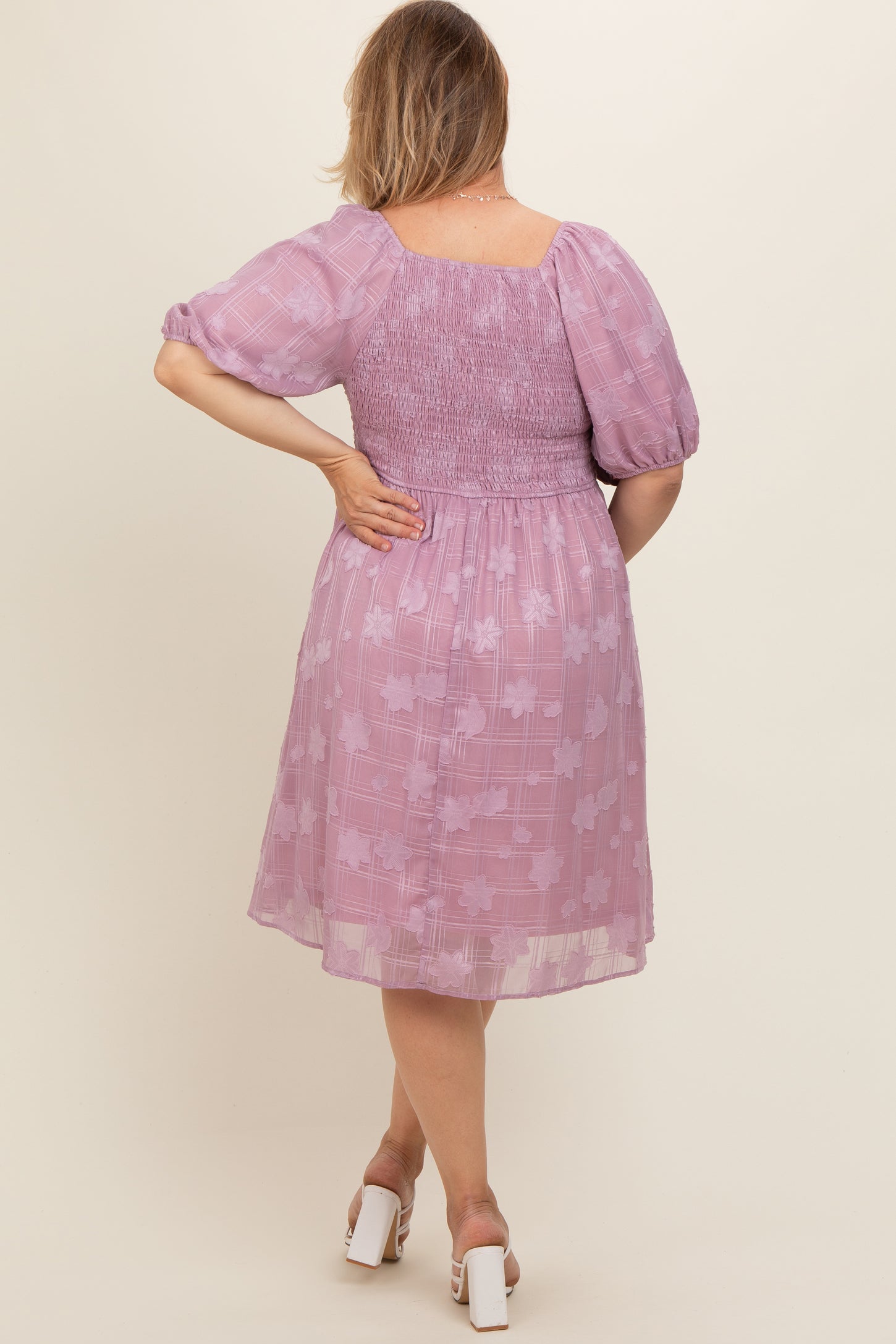 Pink Floral Embroidered Puff Sleeve Plus Maternity Midi Dress