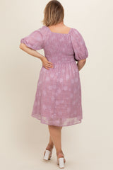 Pink Floral Embroidered Puff Sleeve Plus Maternity Midi Dress