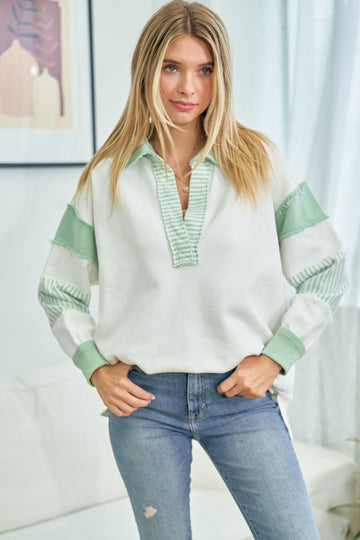 Mint Green Colorblock Stripe Collared Sweater