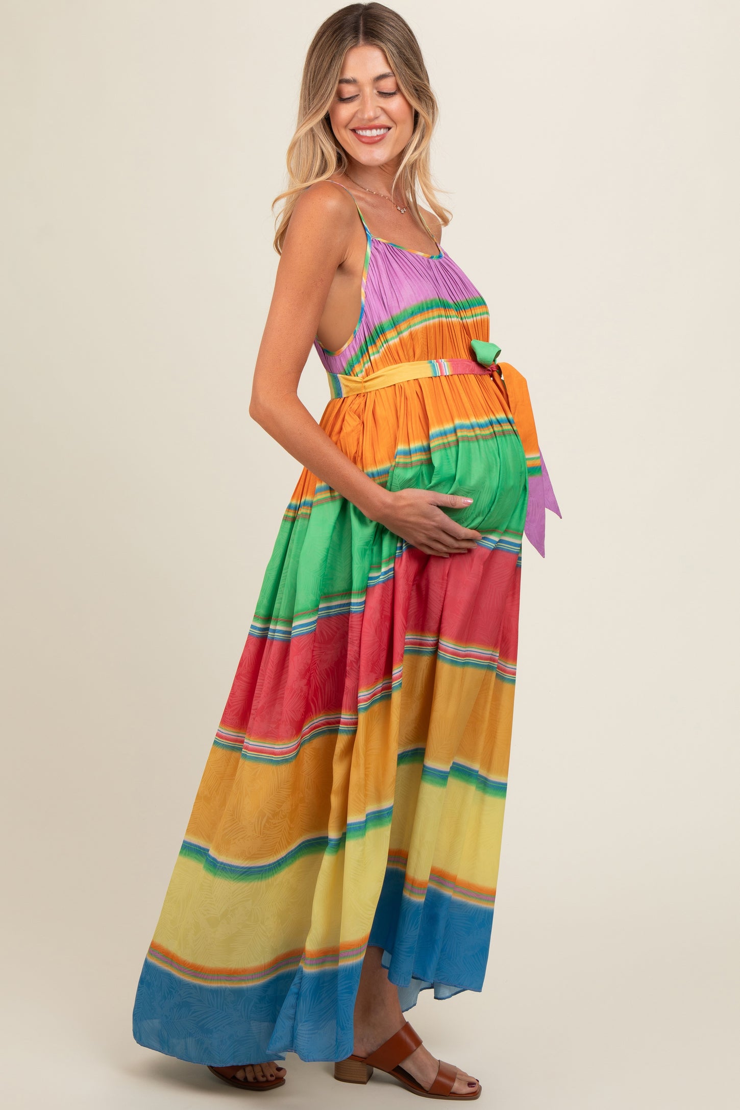 Multi Color Self Tie Adjustable Strap Maternity Dress