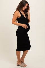 Black Ribbed Fitted Sleeveless Snap Button Maternity Dress