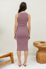 Mauve Ribbed Fitted Sleeveless Snap Button Dress