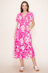 Pink Floral Print Smocked Maternity Midi Dress