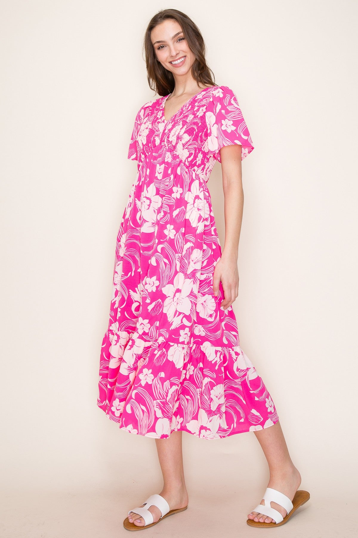 Pink Floral Print Smocked Midi Dress