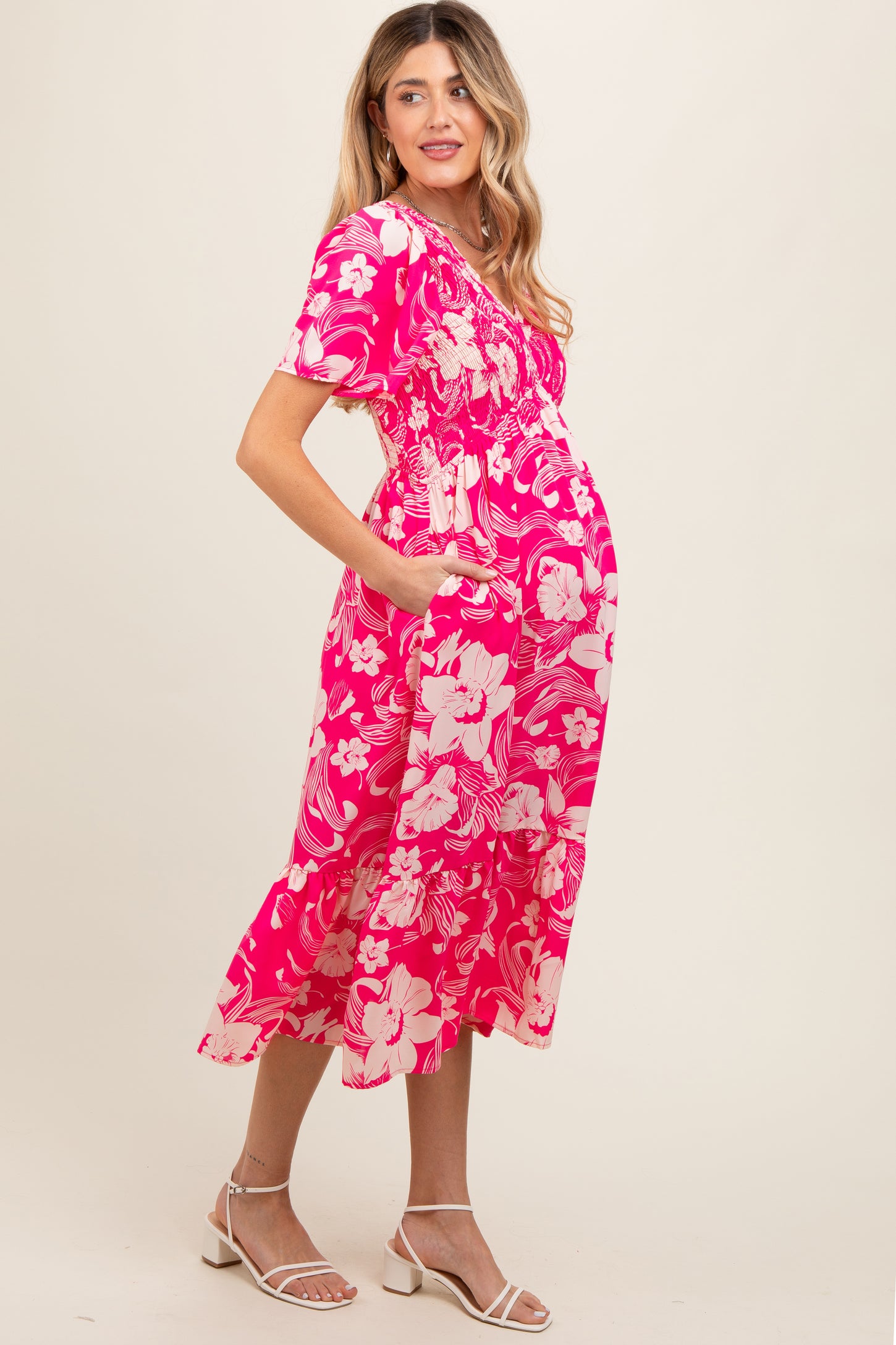 Pink Floral Print Smocked Maternity Midi Dress