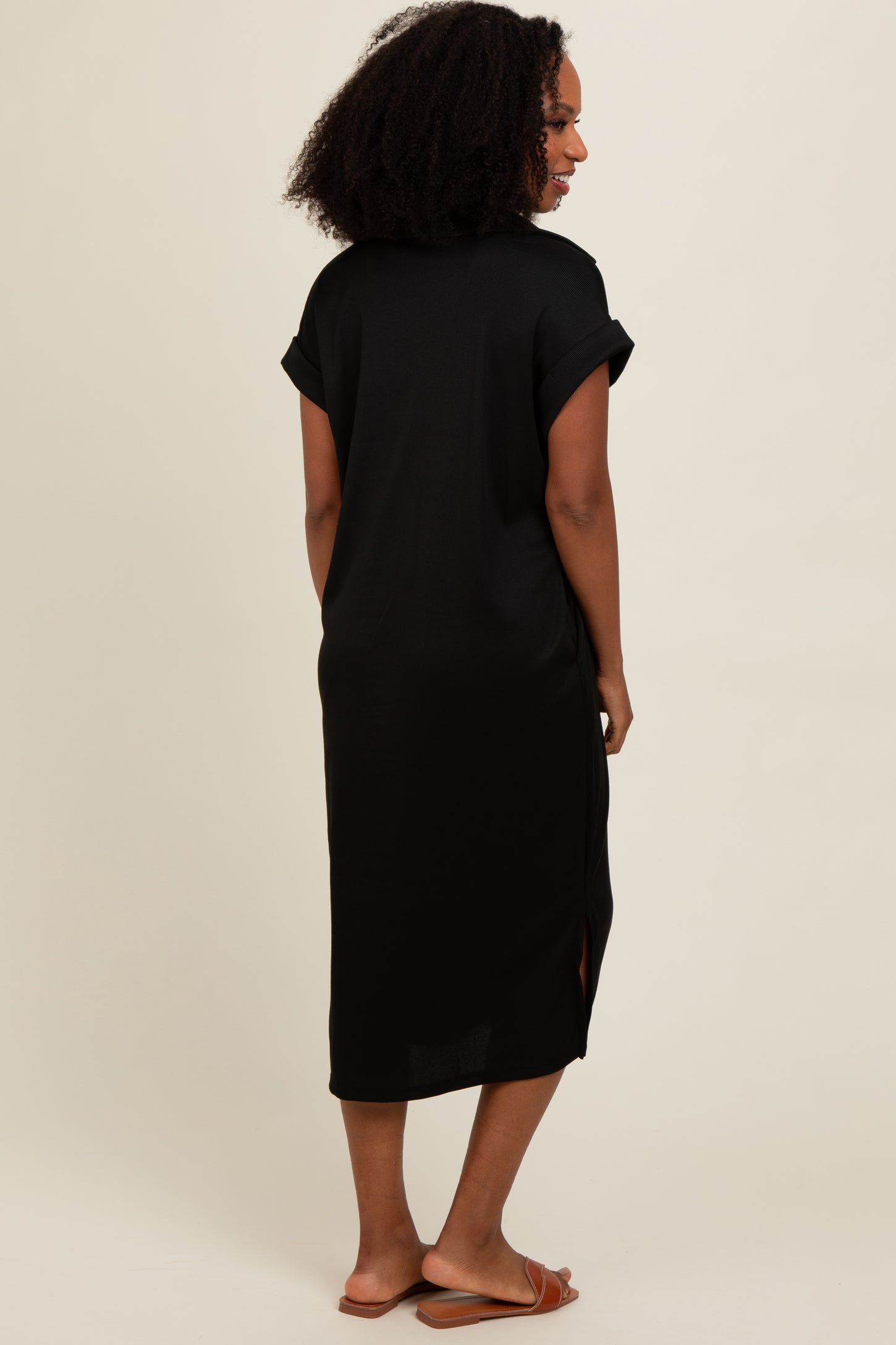 Black Collared Side Slit Midi Dress