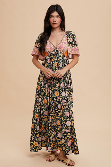 Black Floral V-Neck Short Flutter Sleeve Maxi Dress
