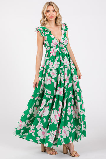 Green Floral Deep V-Neck Open Back Maxi Dress