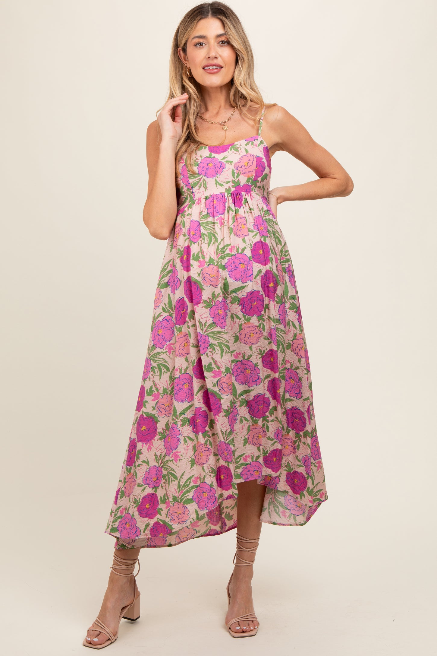 Pink Floral Hi-Lo Sleeveless Maternity Midi Dress