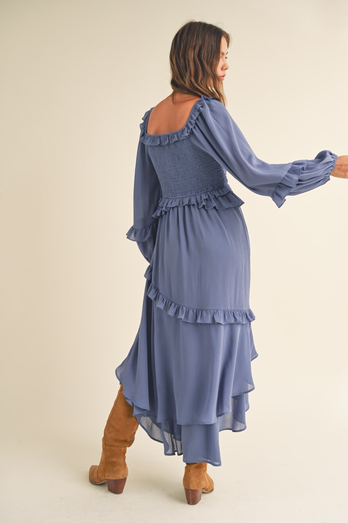 Blue Smocked Ruffle Long Sleeve Midi Dress