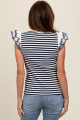Navy Blue Striped Eyelet Lace Sleeve Blouse