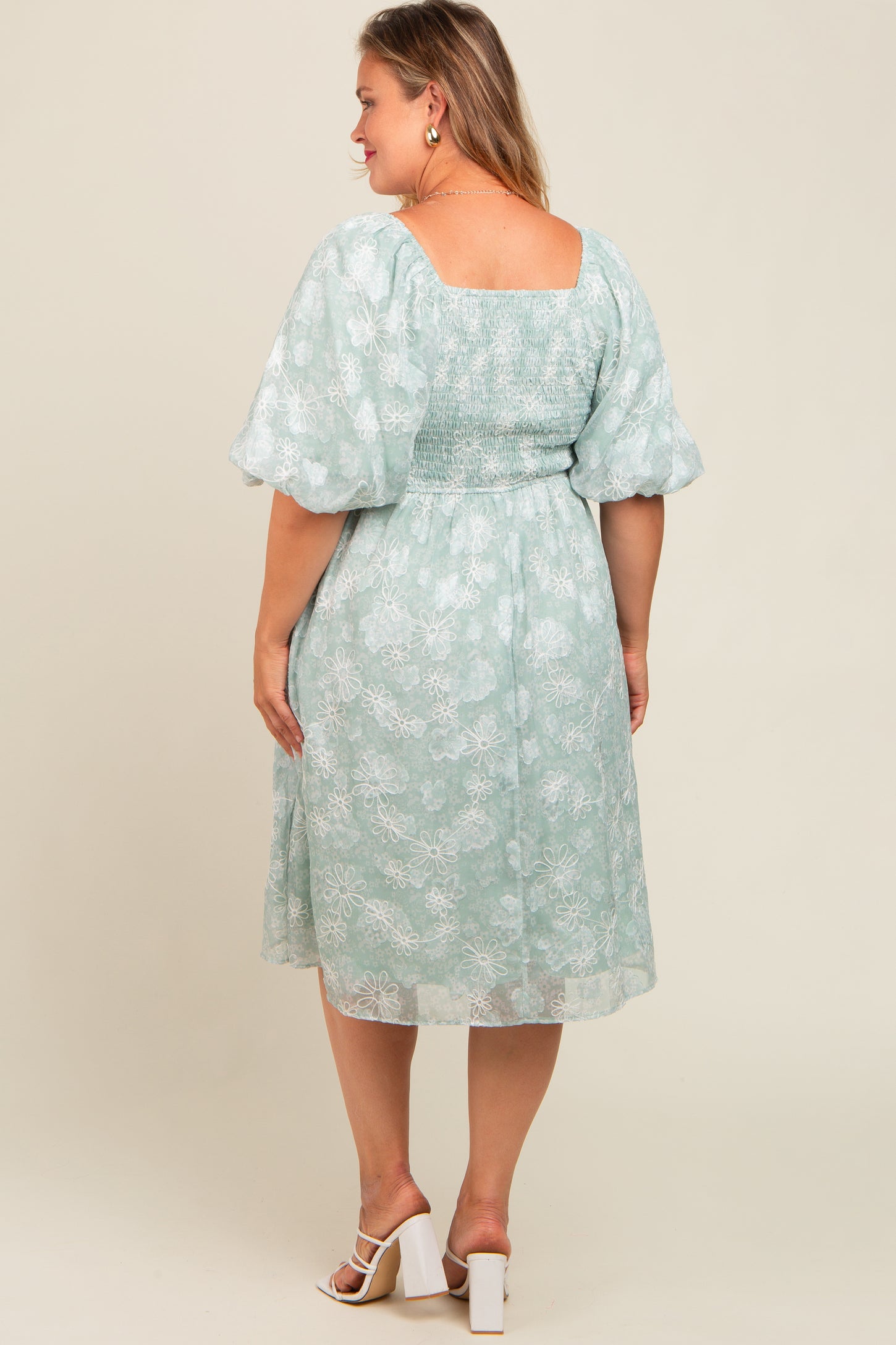 Mint Green Floral Embroidered Short Puff Sleeve Maternity Plus Dress