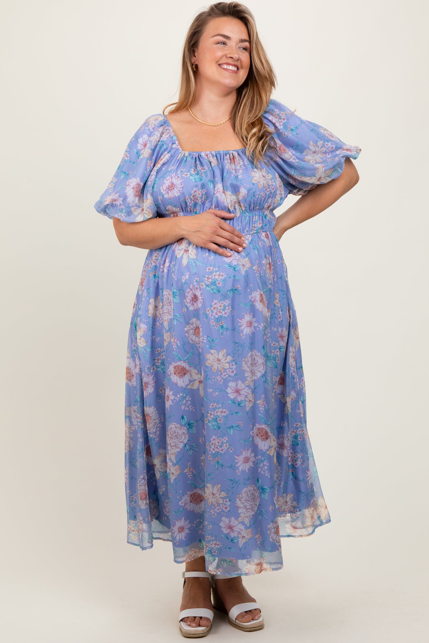 Blue Floral Chiffon Puff Sleeve Maternity Plus Midi Dress