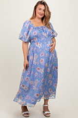Blue Floral Chiffon Puff Sleeve Maternity Plus Midi Dress