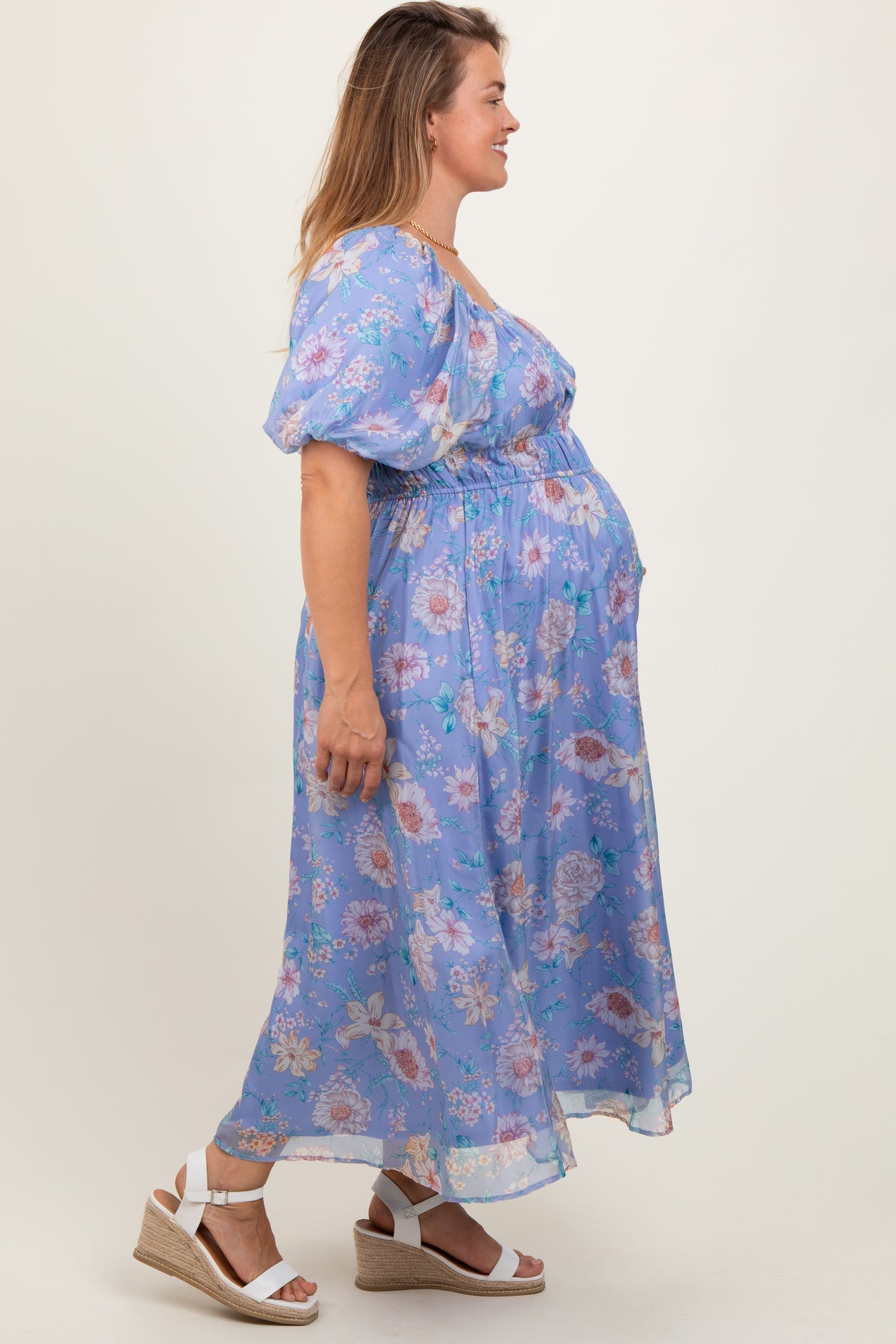 Blue Floral Chiffon Puff Sleeve Maternity Plus Midi Dress