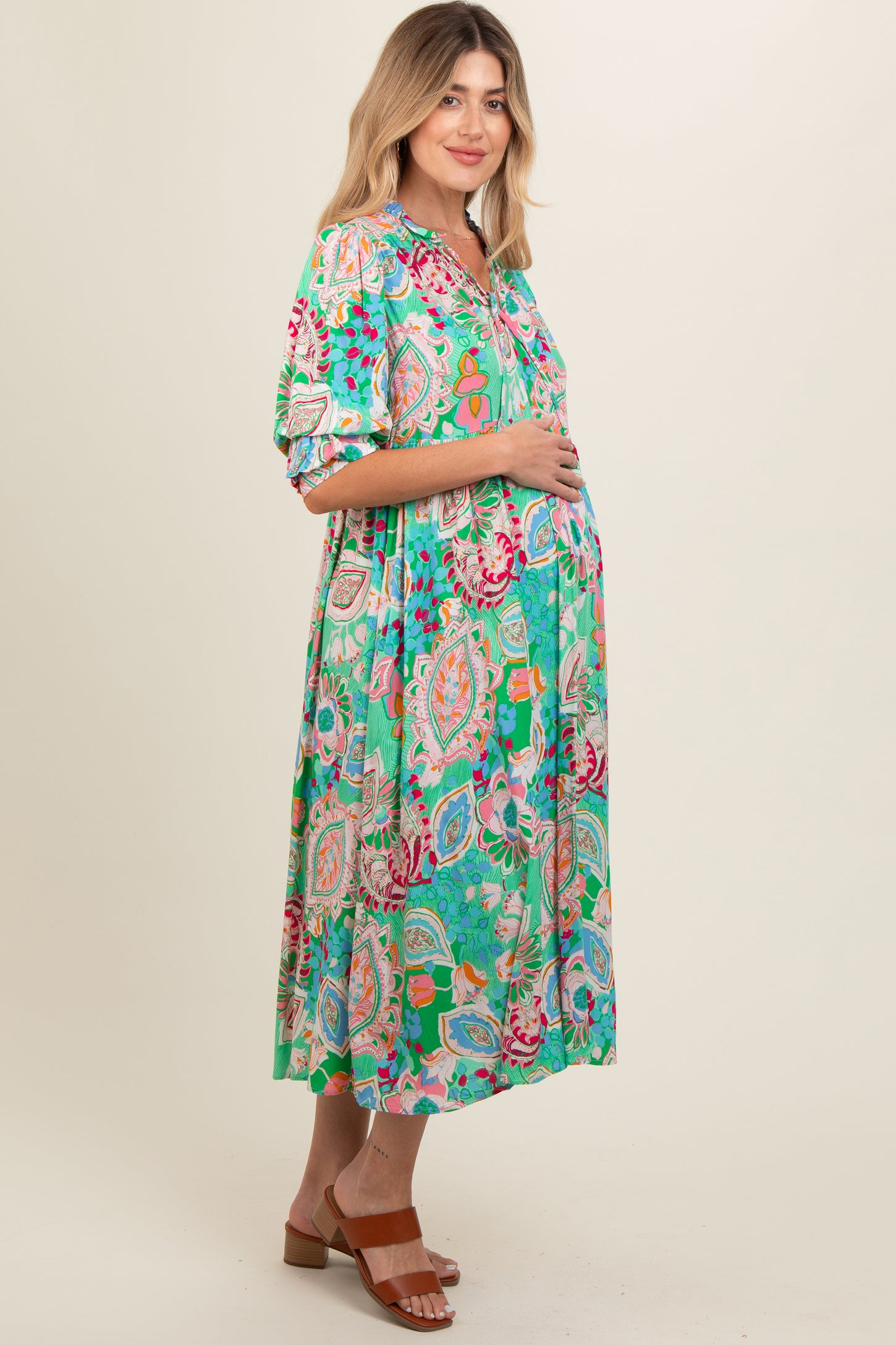 Emerald Paisley Print Tiered A-Line Maternity Midi Dress
