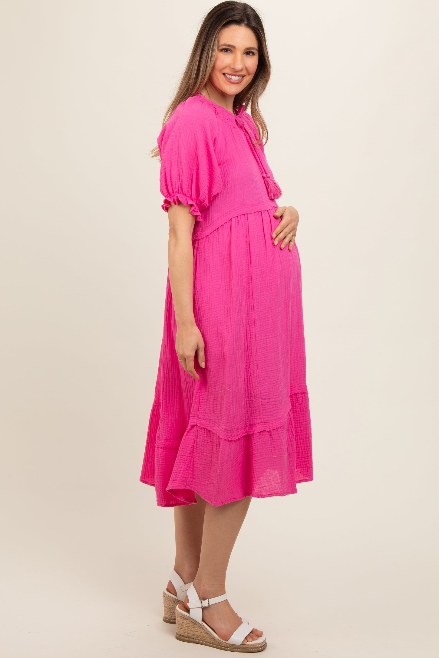 Pink Tassel Tie Maternity Midi Dress