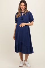Navy Blue Tassel Tie Maternity Midi Dress