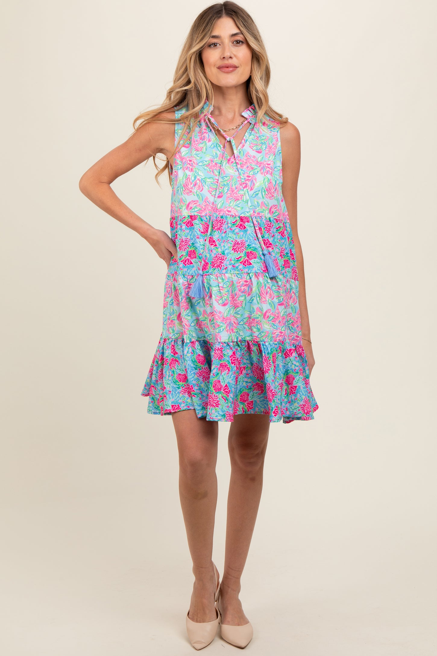 Light Blue Mixed Floral Tiered Maternity Dress