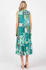 Emerald Green Floral Paisley Tassel Tie Ruffle Hem Midi Dress