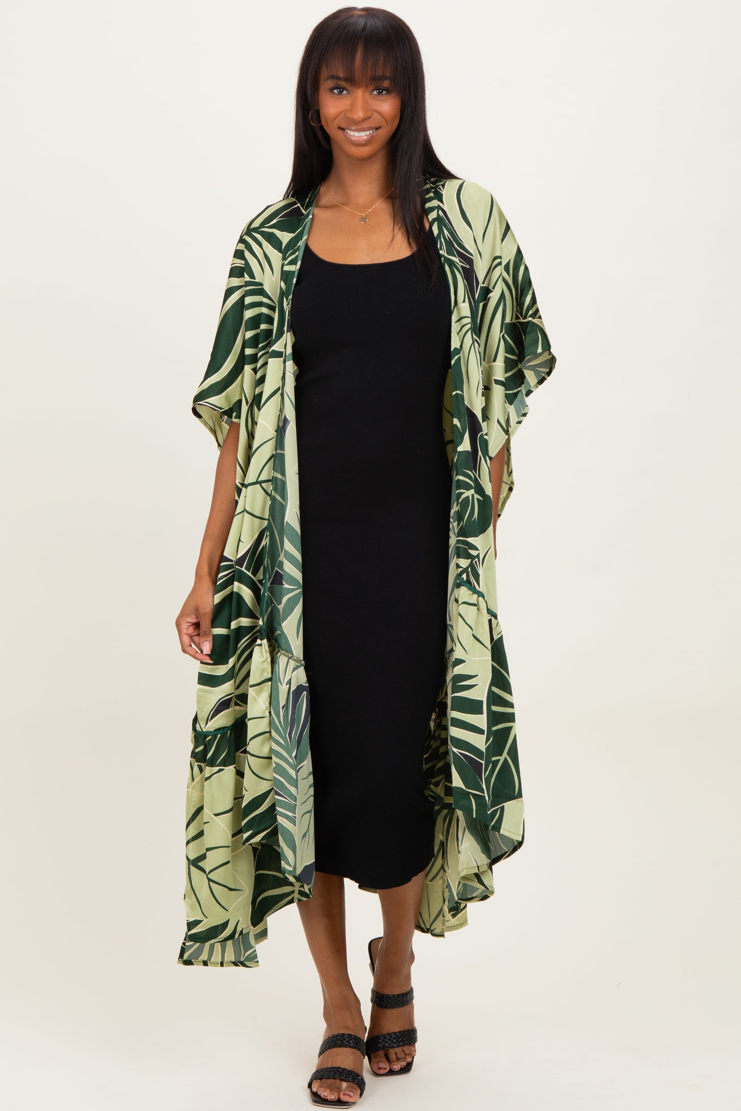 Green Tropical Print Long Cover Up
