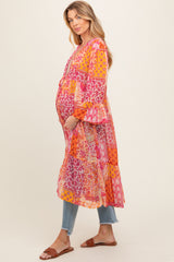 Pink Floral Paisley Metallic Striped Tie Front Maternity Cover Up