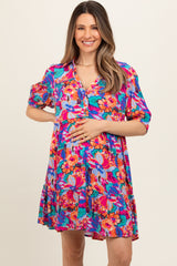 Blue Floral Button Short Sleeve Maternity Dress