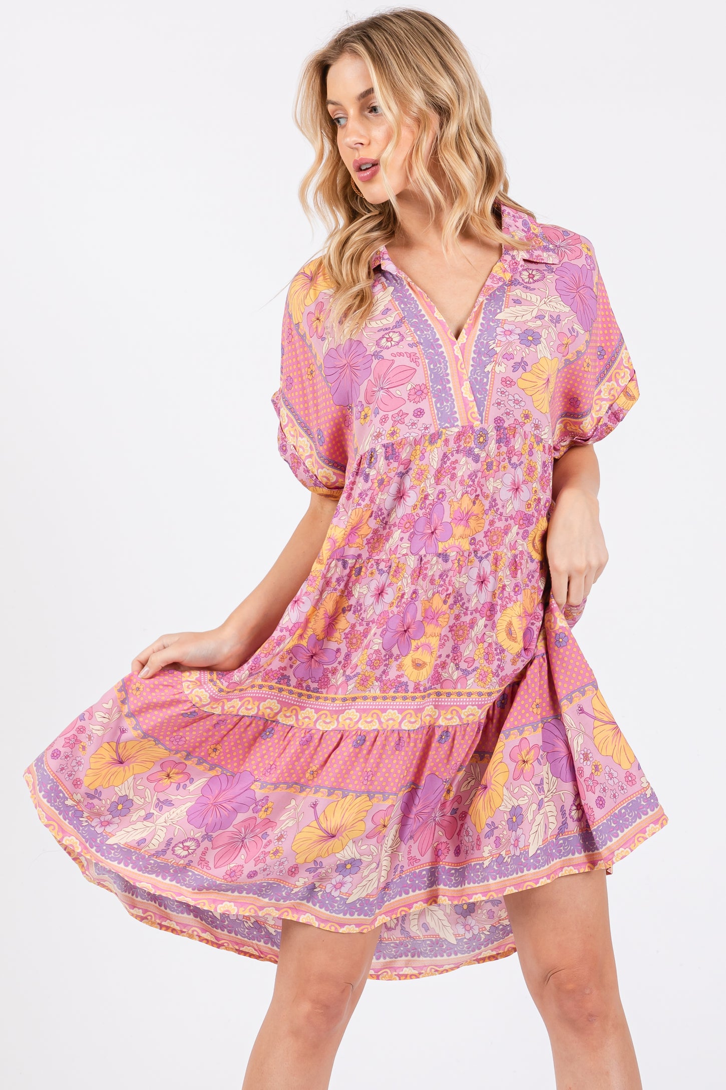 Pink Mixed Floral Tiered Dress