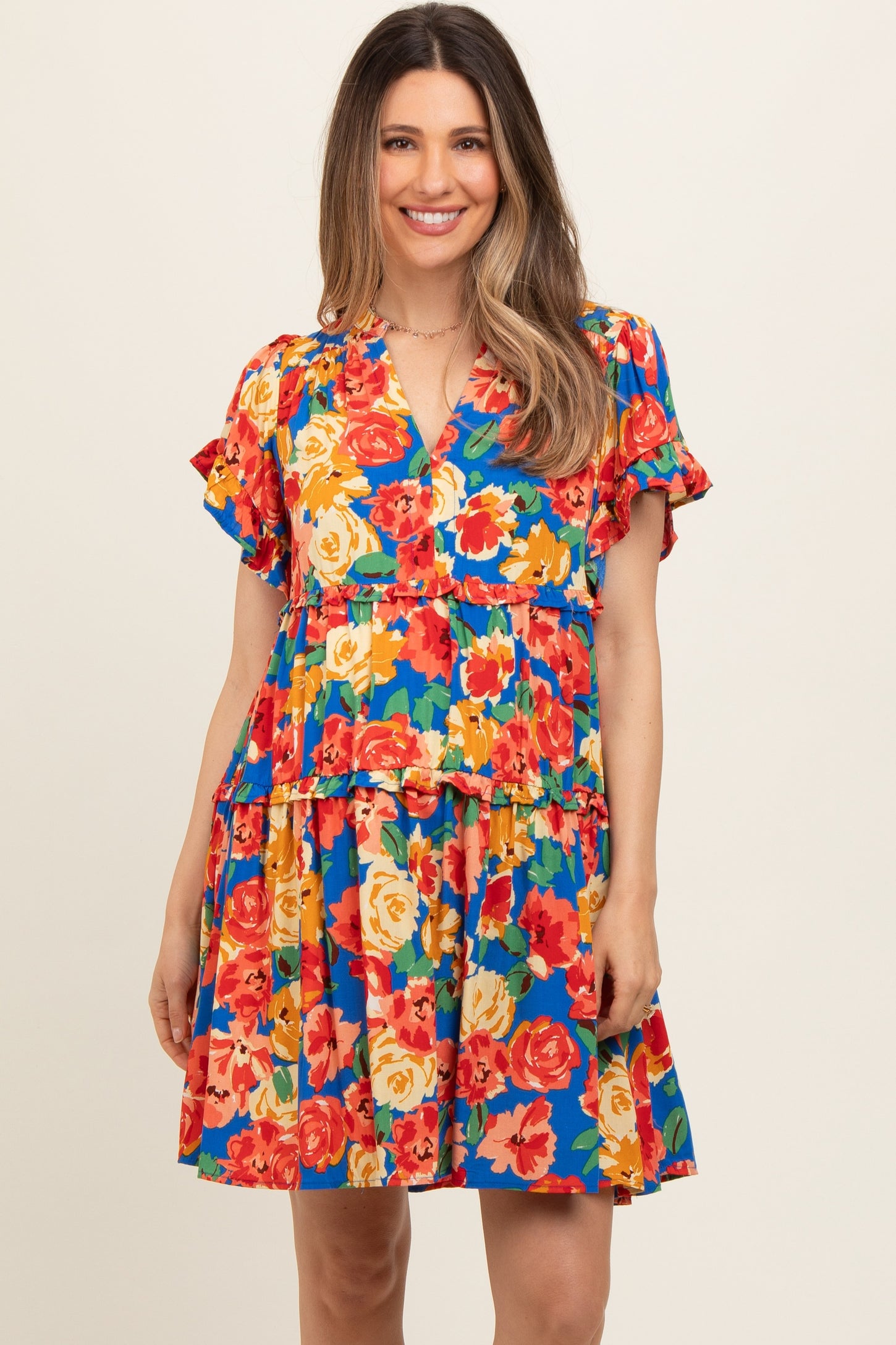 Blue Floral Ruffle Tiered V-Neck Maternity Dress