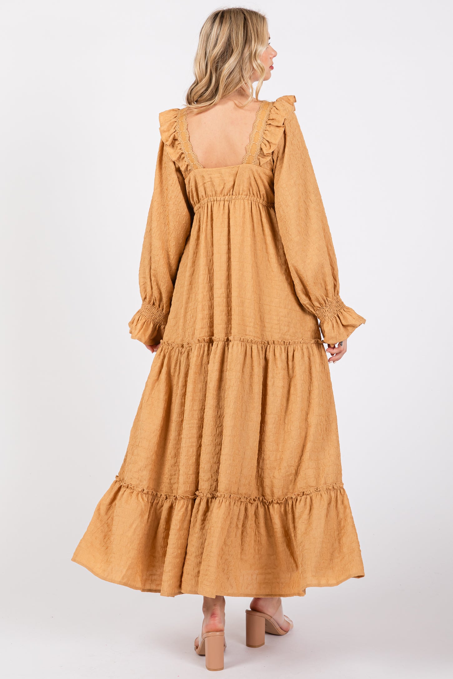 Camel Button Pleated Front Square Neck Ruffle Tiered Maxi Dress