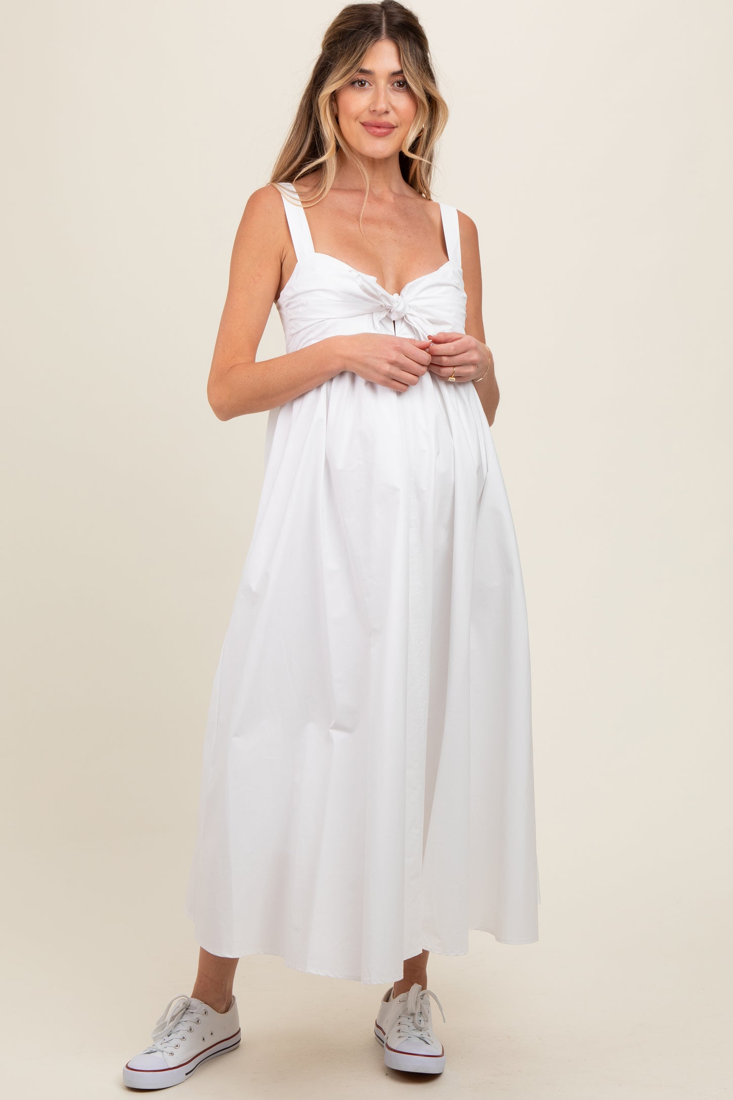 White Front Tie Sleeveless Maternity Midi Dress