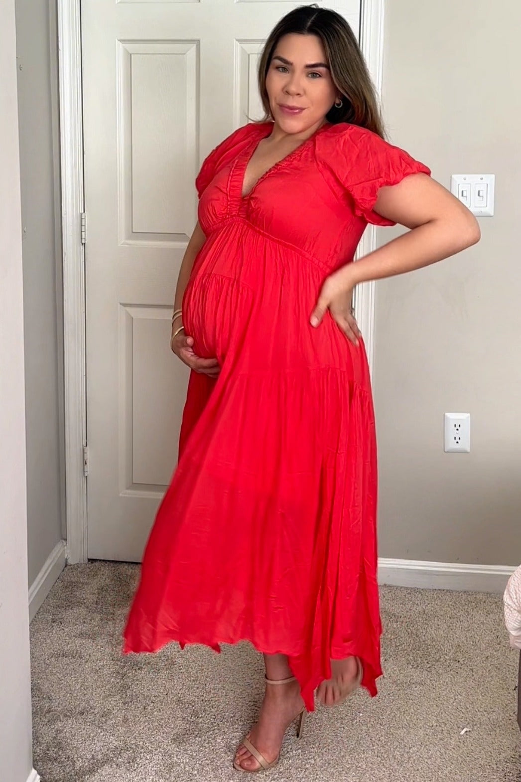 Red Deep V-Neck Puff Short Sleeve Asymmetrical Hem Maternity Midi Dress