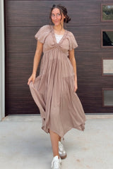 Taupe Deep V-Neck Puff Short Sleeve Asymmetrical Hem Midi Dress