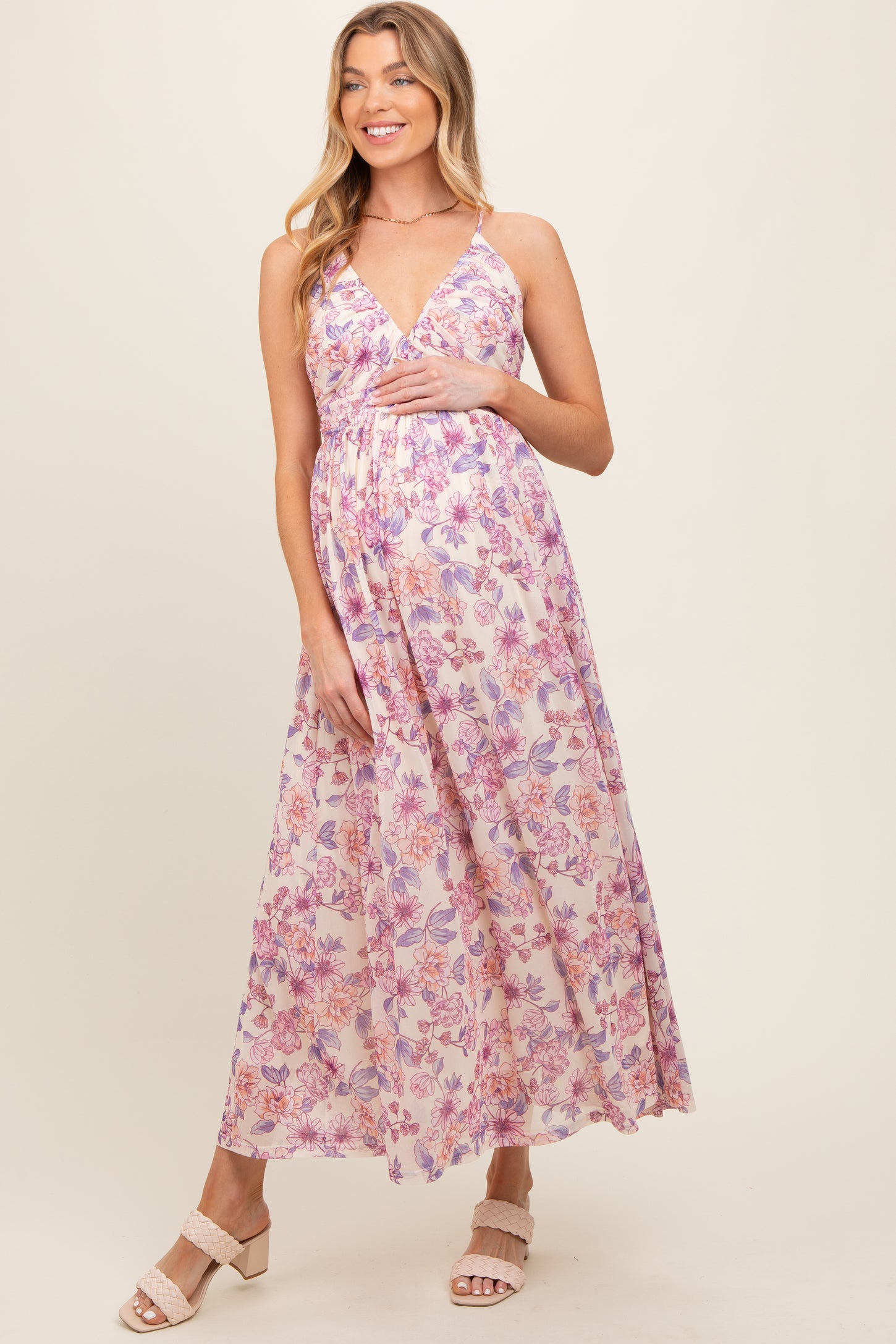 knee length dresses for ladies Pink V-Neck Long Sleeve Fitted Maternity Maxi Dress PinkBlush