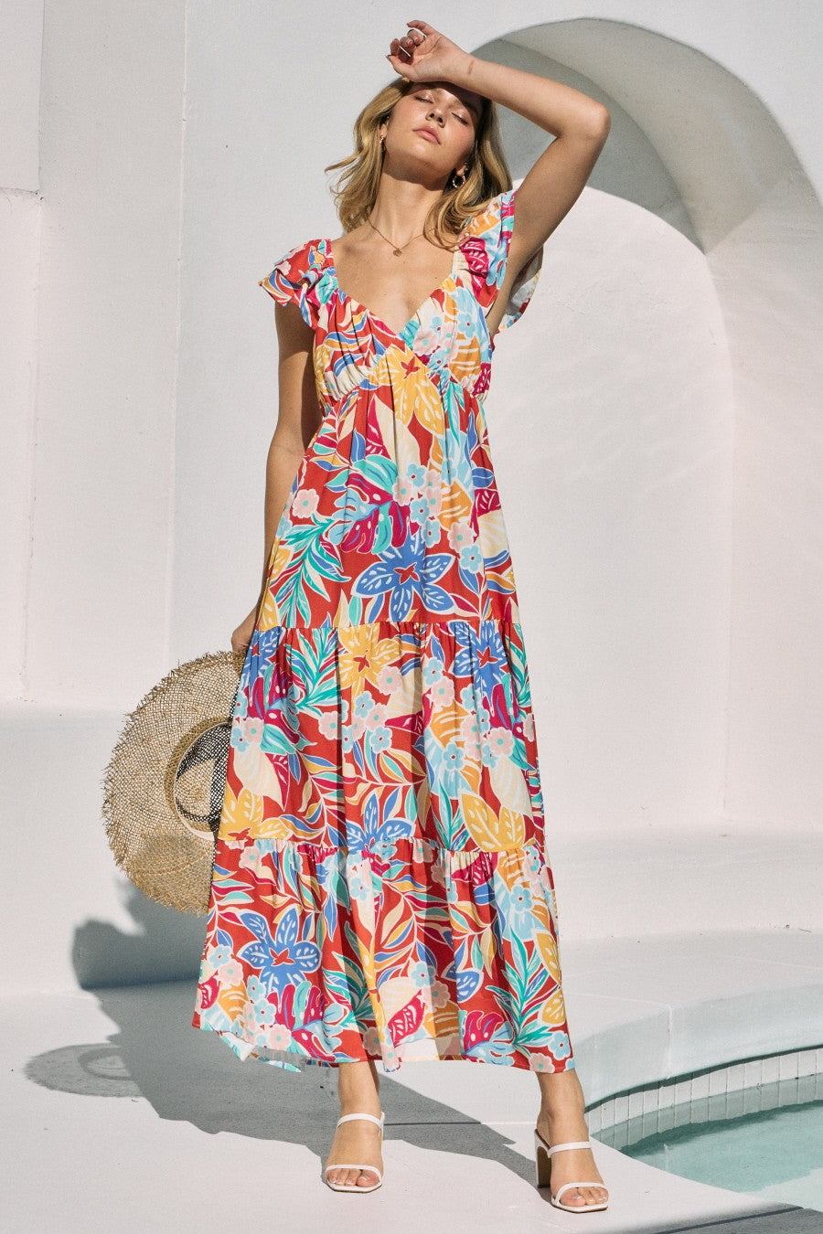 Red Floral V-Neck Layered Flutter Short Sleeve Midi Dress – PinkBlush