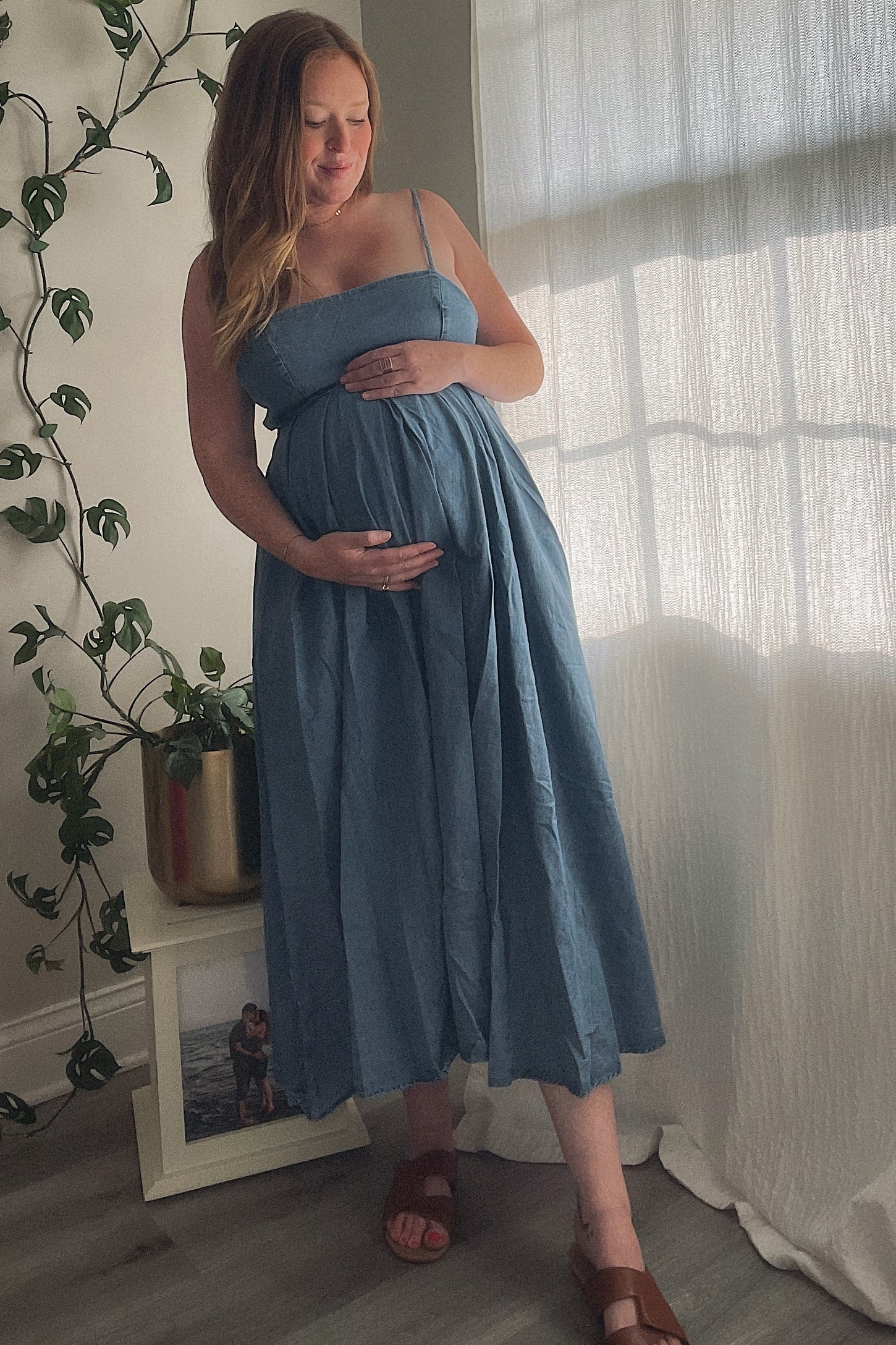 Blue Back Tie Straight Neck Maternity Midi Maternity Dress