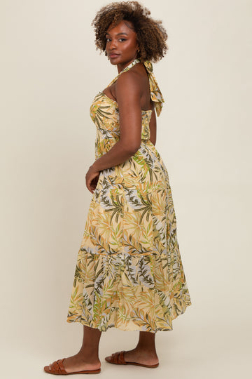Light Yellow Tropical Halter Maxi Dress