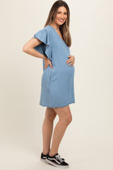 Blue Ruffle Sleeve Maternity Mini Dress