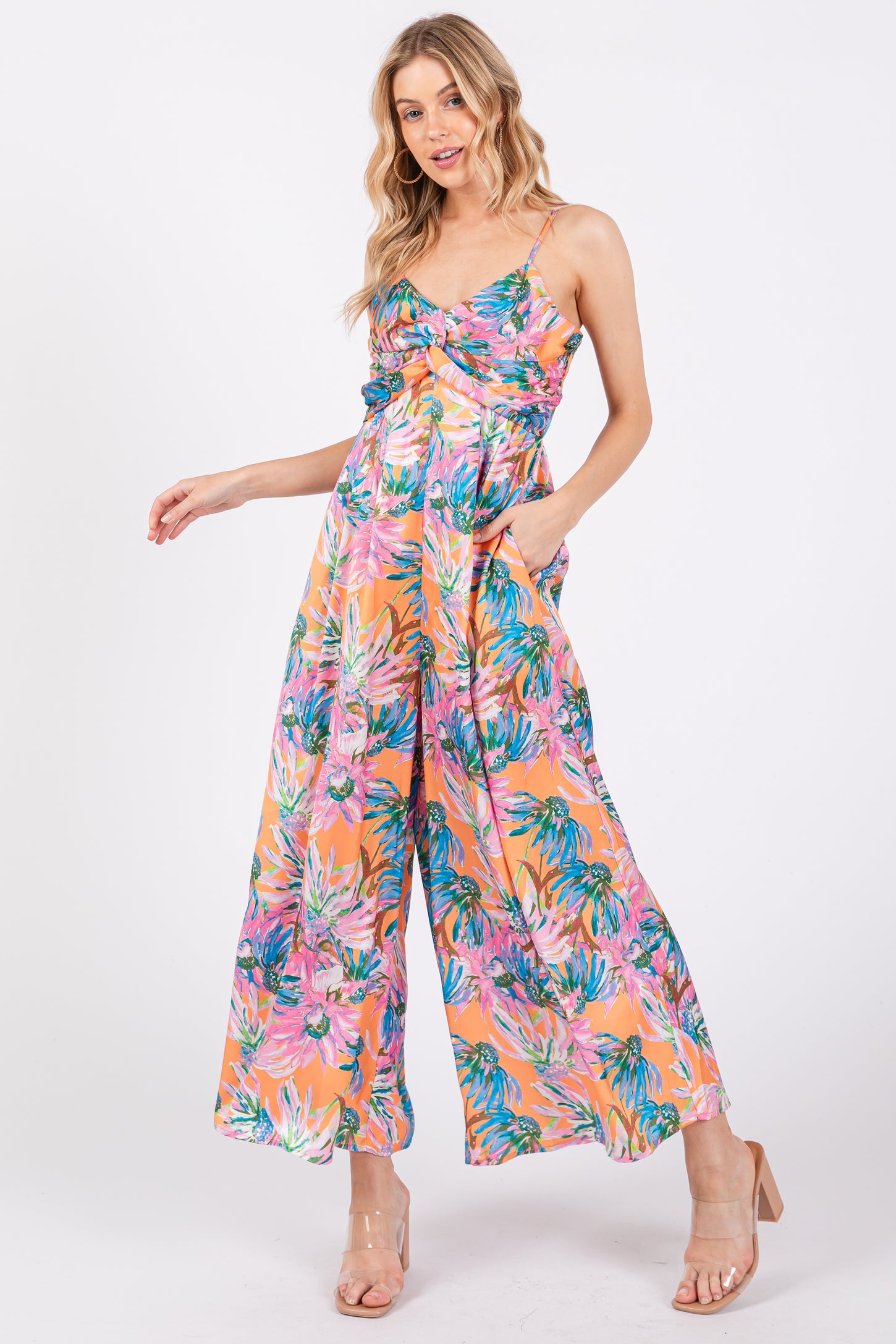 Orange Floral Front Twist Jumpsuit