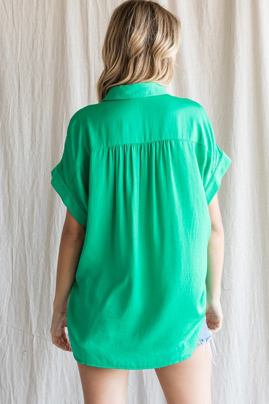 Green Satin Button Front Collared Short Sleeve Top