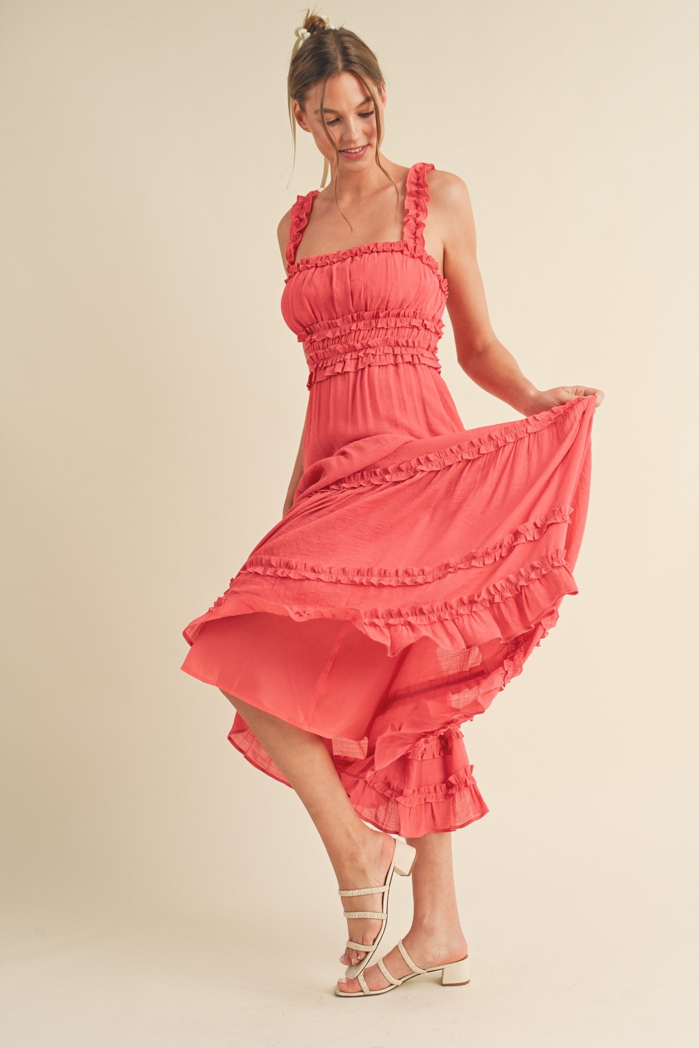 Coral Red Ruffled Midi Dress