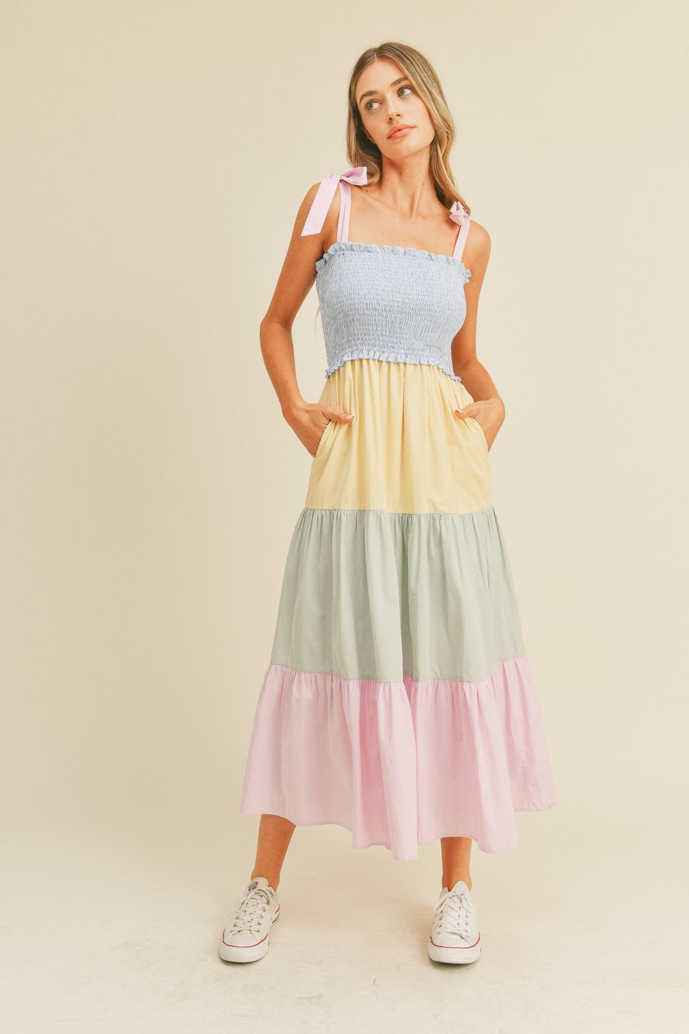 Multi Color Stripe Color Block Striped Midi Dress PinkBlush Multi Color Stripe Color Block Striped Midi Dress PinkBlush