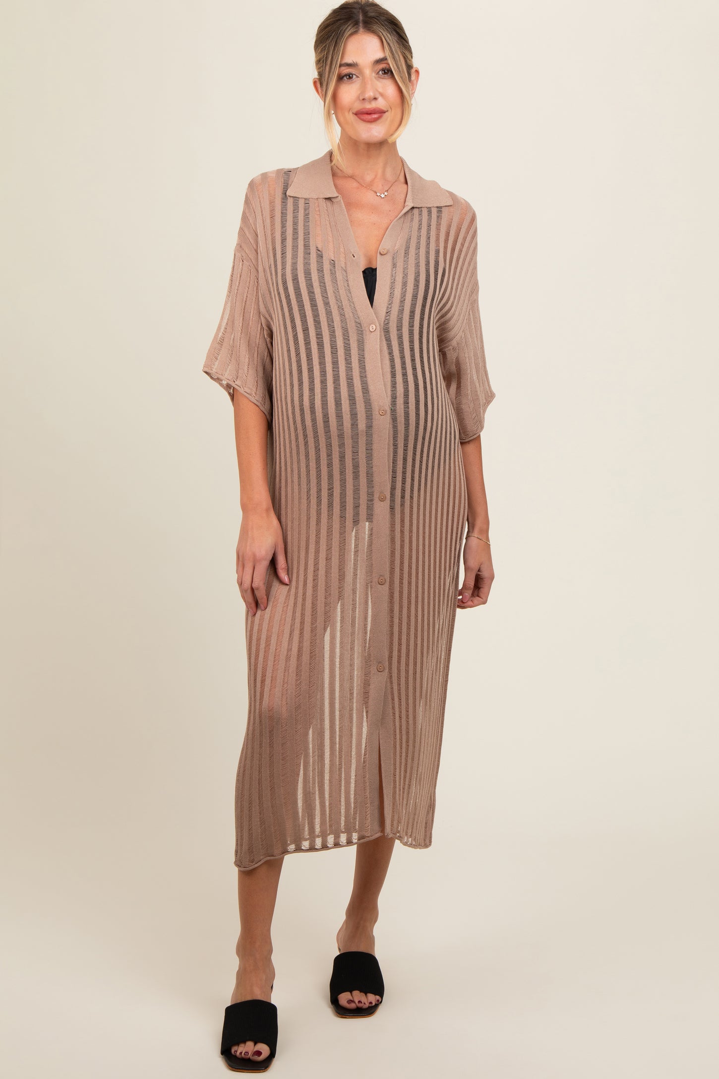 Taupe Distressed Collared Maternity Cover-Up