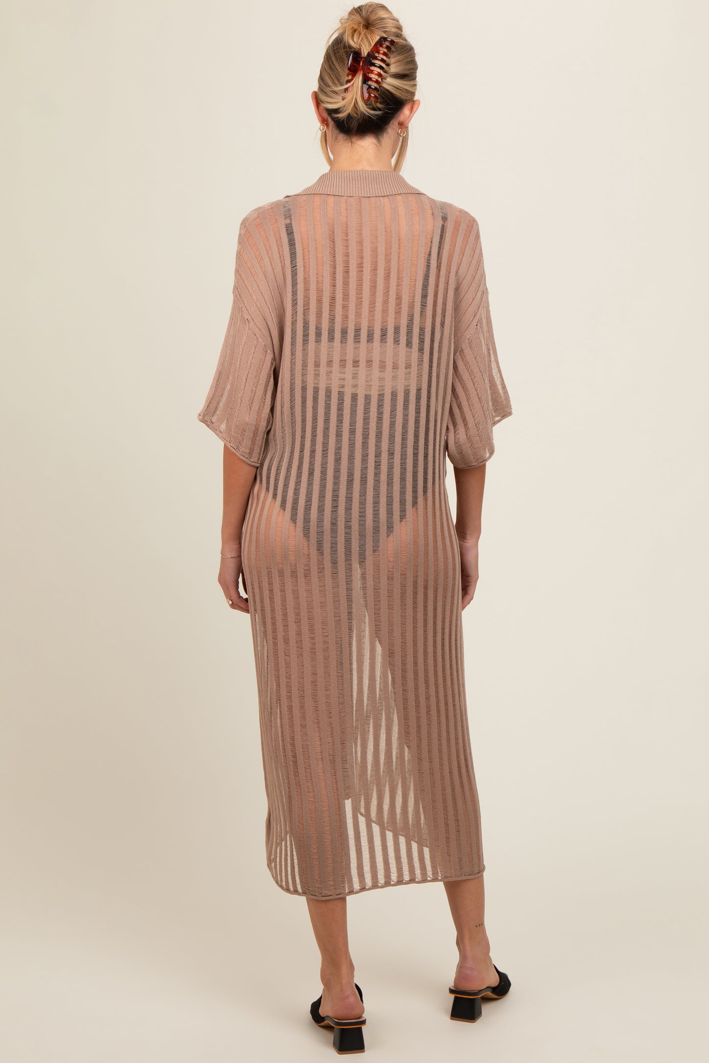 Taupe Distressed Collared Maternity Cover-Up