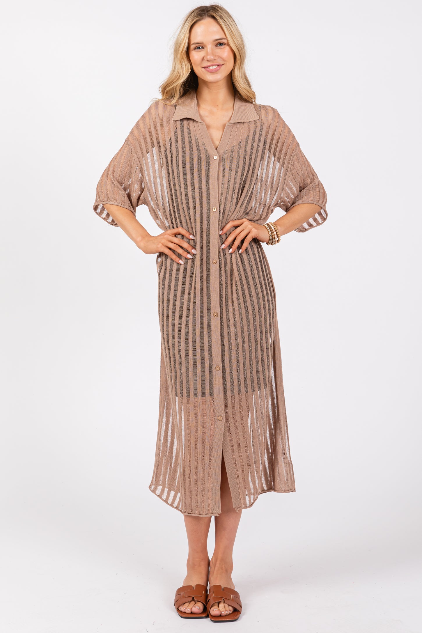 Taupe Distressed Collared Maternity Cover-Up