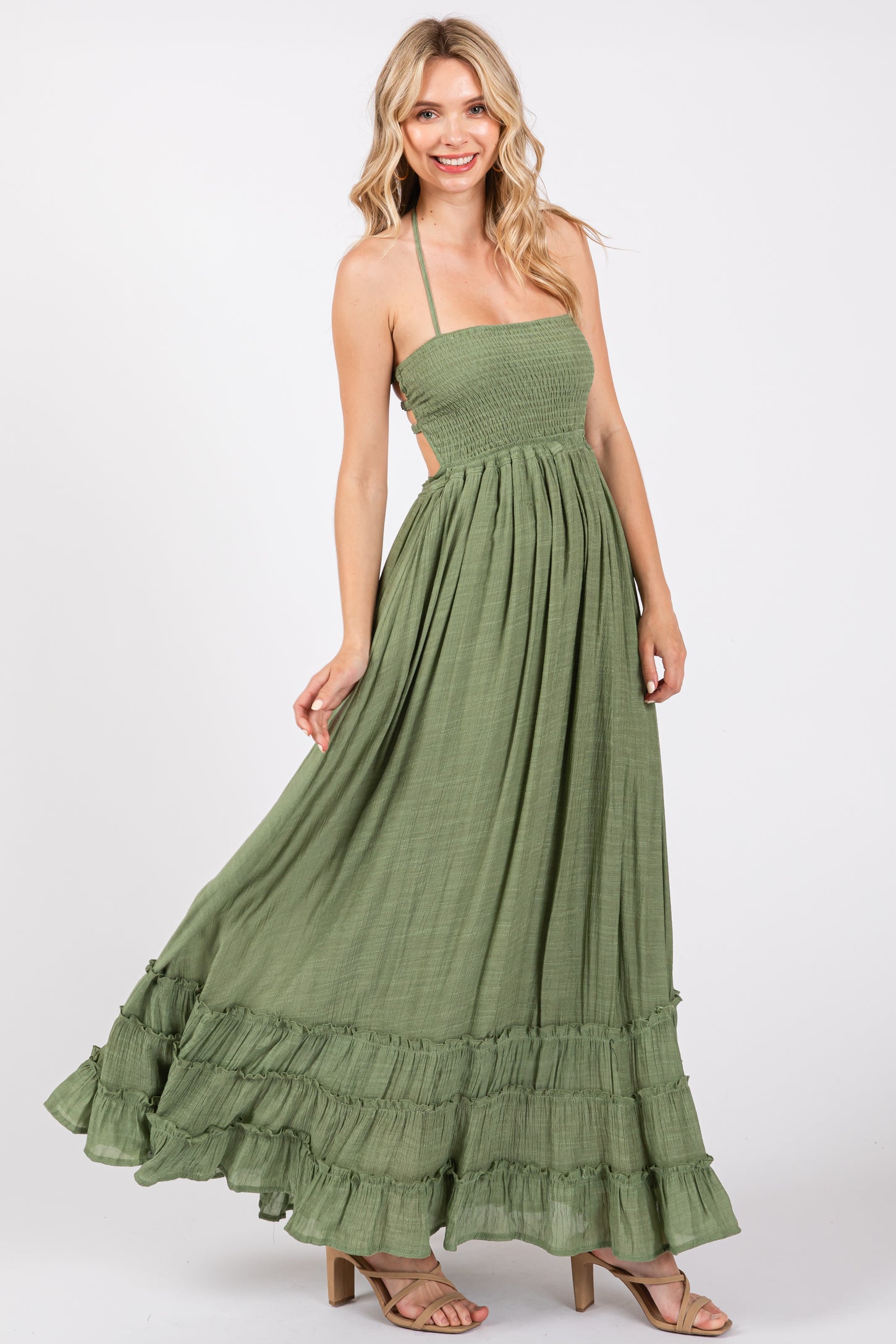 Olive Smocked Halter Cutout Maxi Dress