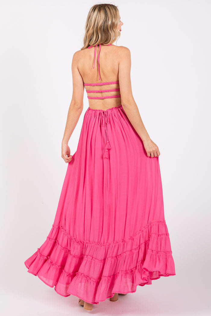 Pink Smocked Halter Cutout Maxi Dress