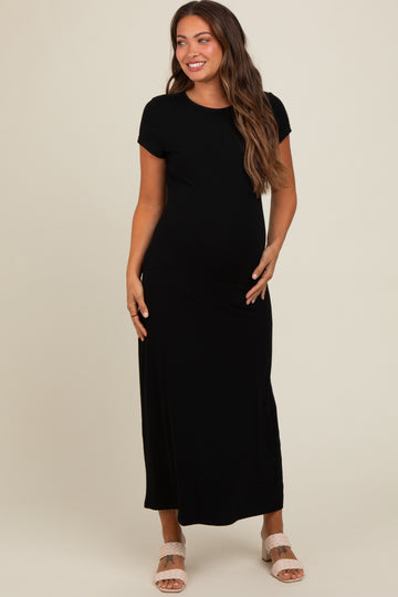 Black Short Sleeve Maternity Midi T-Shirt Dress